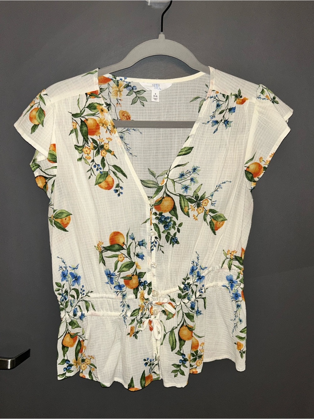 Time and Tru White Floral Orange Print Tie-Waist Peplum Top